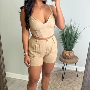 Kourt Beige Two-Piece Crop Top and Shorts Set